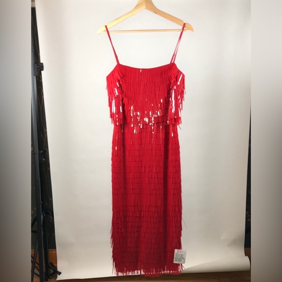 NWT ASOS DESIGN shard detail midi dress with sheer waist detail in red size US 4 - Picture 7 of 9